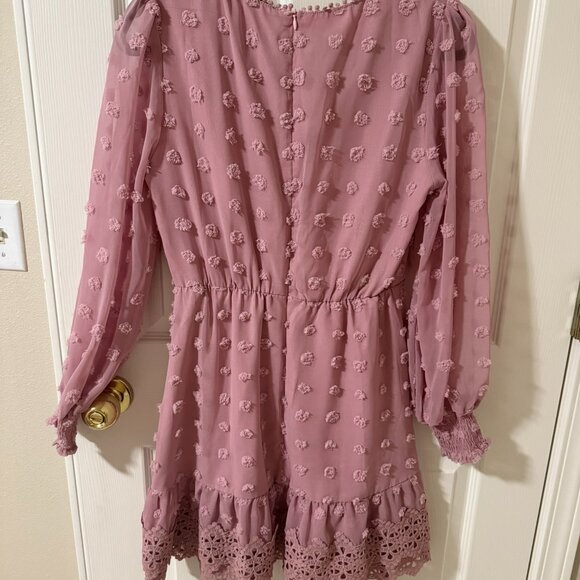 Simplee Pink Size M Long Sleeve Lace Chiffon Mini Party Dress Swiss Dot - Picture 2 of 6